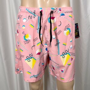Surf Society Men's Large Pink Multicolor Retro 80s Geometric Print Swim Shorts